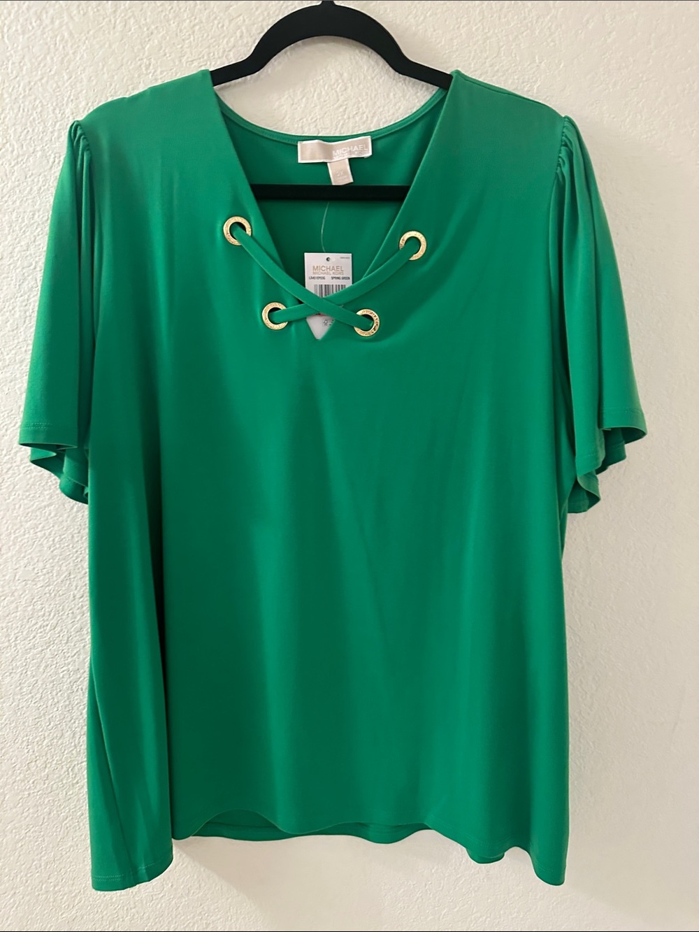 Michael Kors Emerald Green Lace-Up V-Neck Short Sleeve Top
